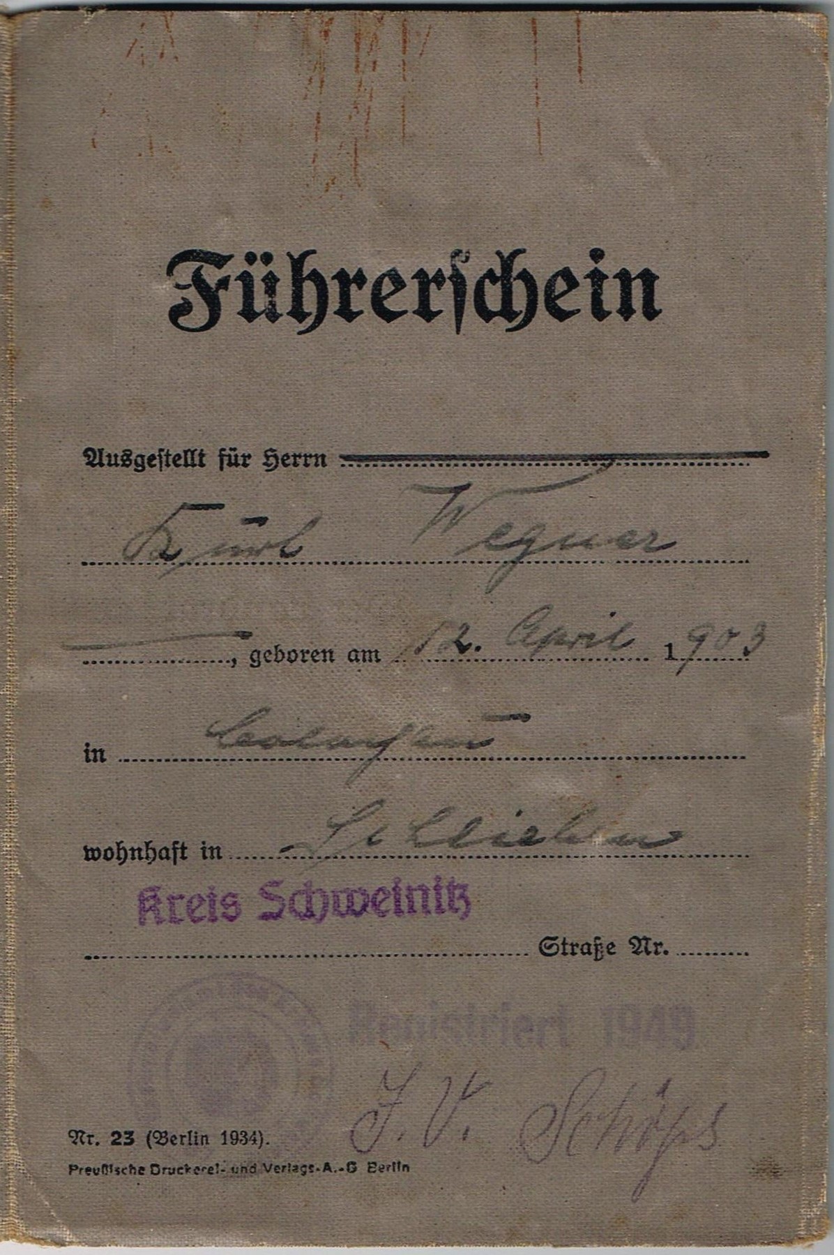 Führerschein XXX Wegner - Kreis Schweinitz - 1937